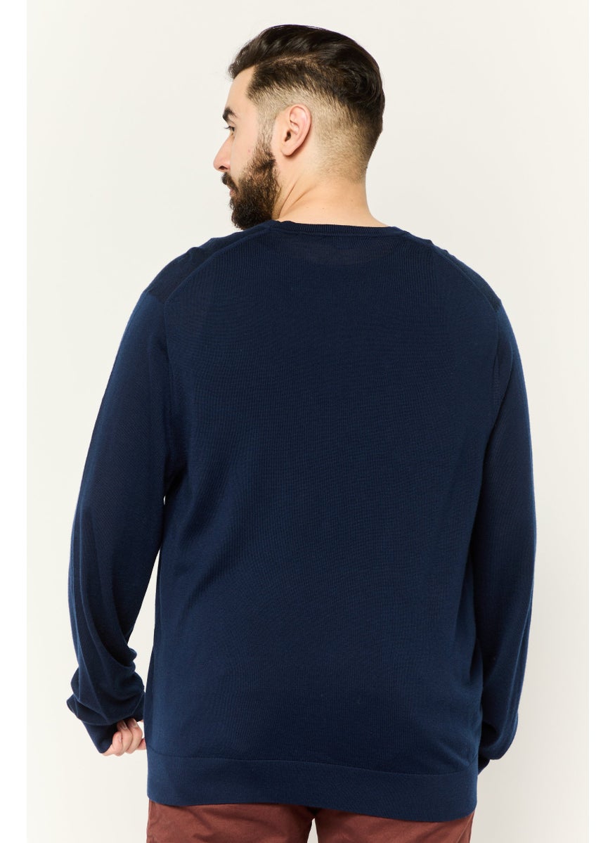 Men Crew Neck Knitted Sweater, Navy Blue