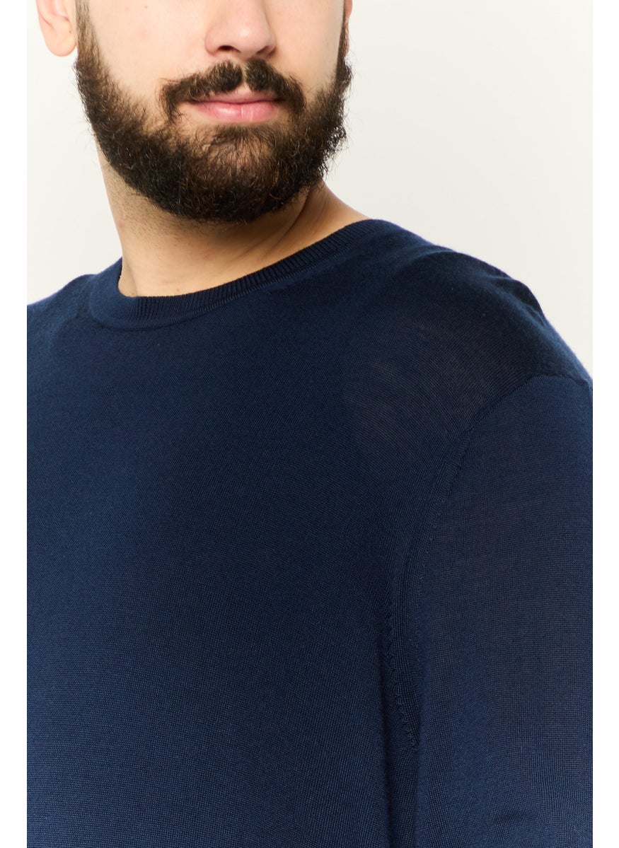Men Crew Neck Knitted Sweater, Navy Blue