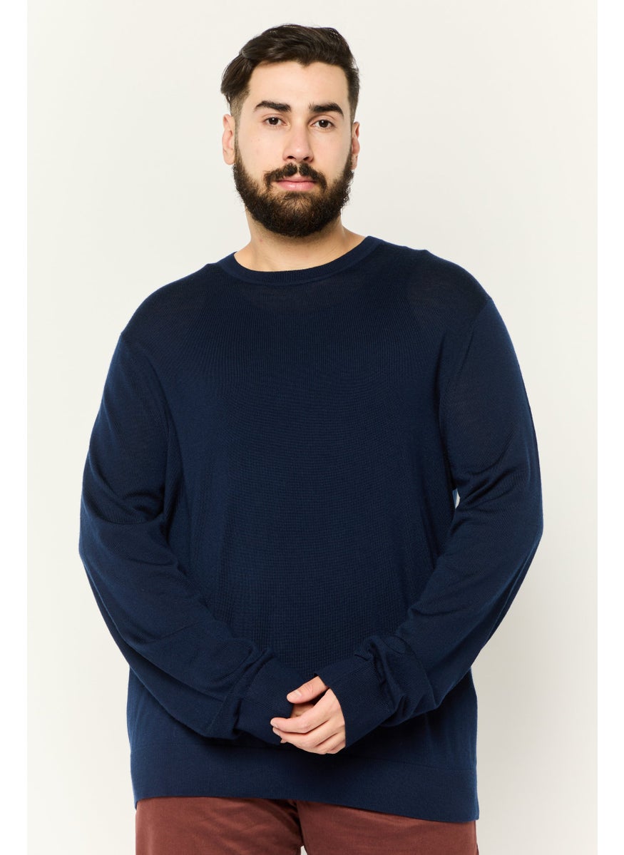Men Crew Neck Knitted Sweater, Navy Blue