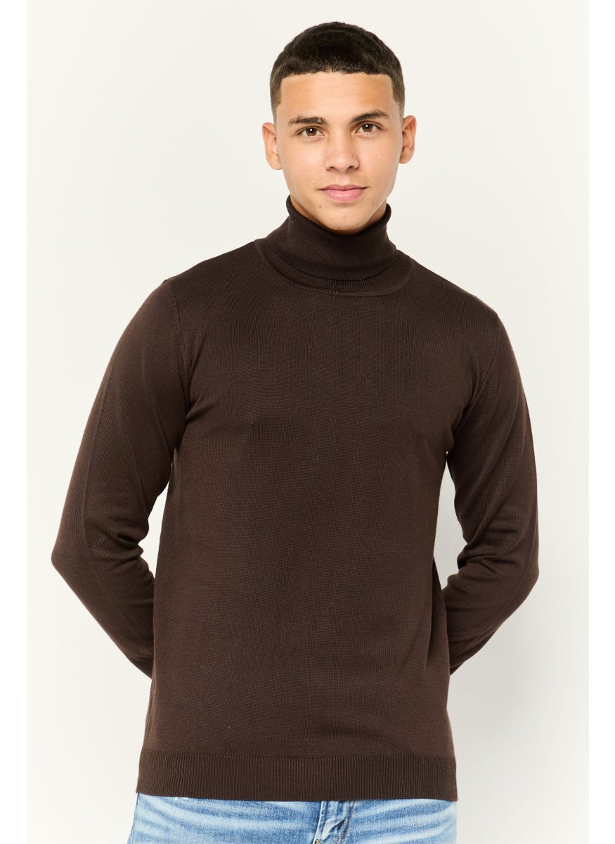 Men Turtle Neck Solid Knit Sweater, Dark Brown