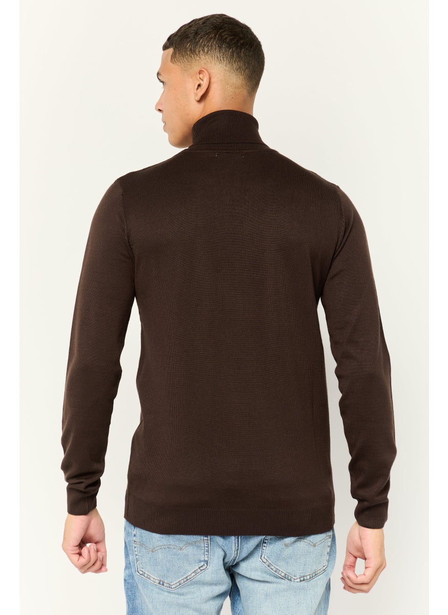 Men Turtle Neck Solid Knit Sweater, Dark Brown