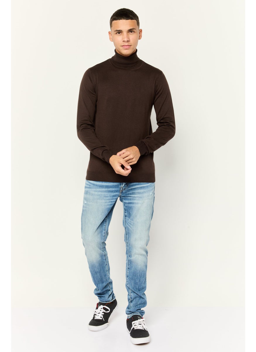 Men Turtle Neck Solid Knit Sweater, Dark Brown