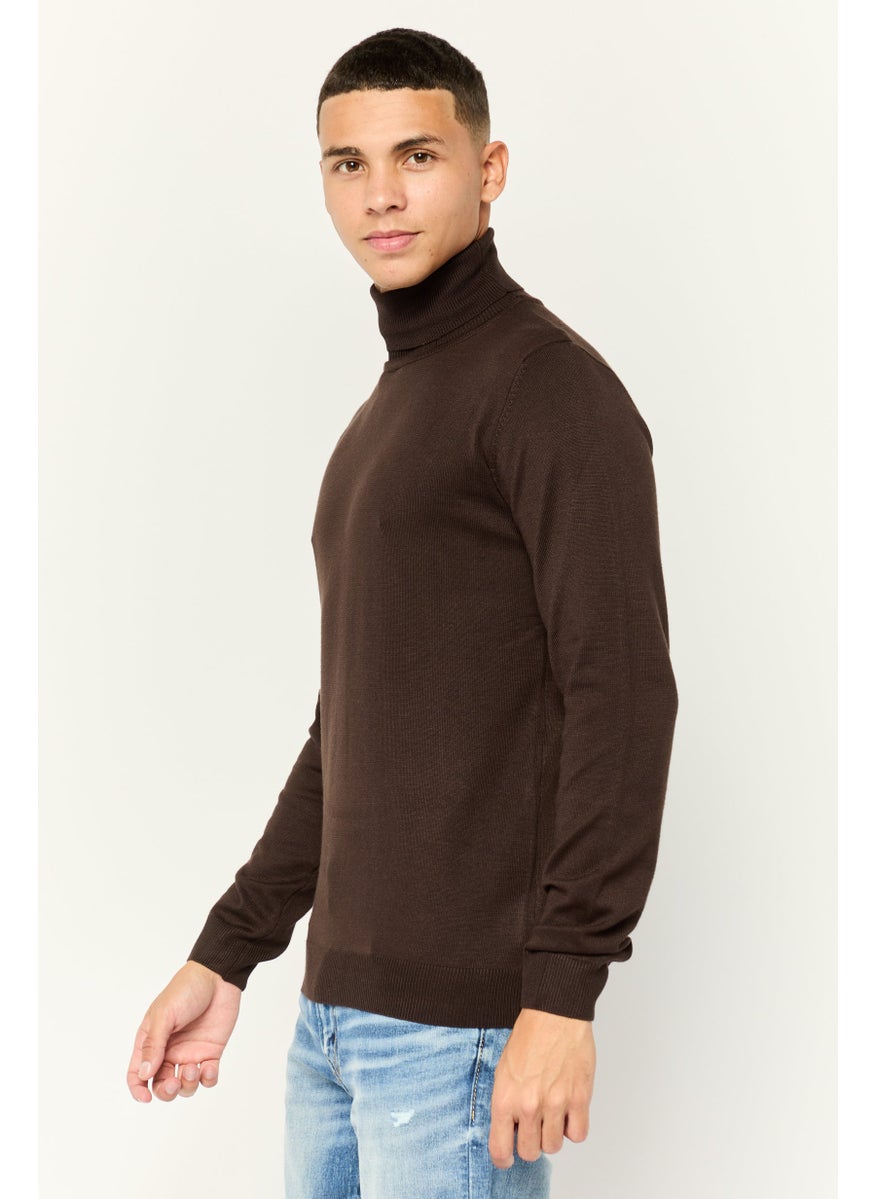Men Turtle Neck Solid Knit Sweater, Dark Brown