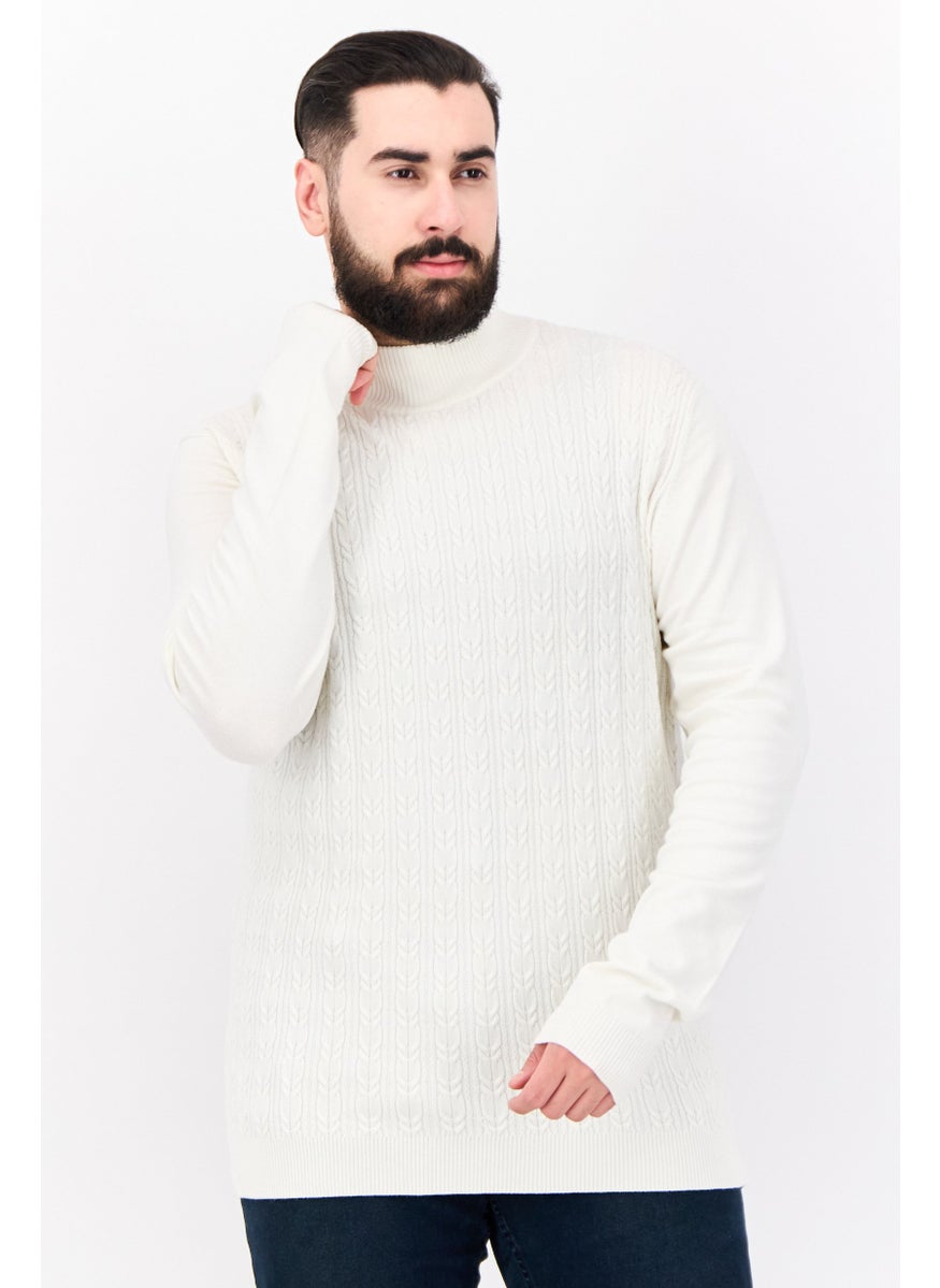 Men Mock Neck Pointelle Sweater, White