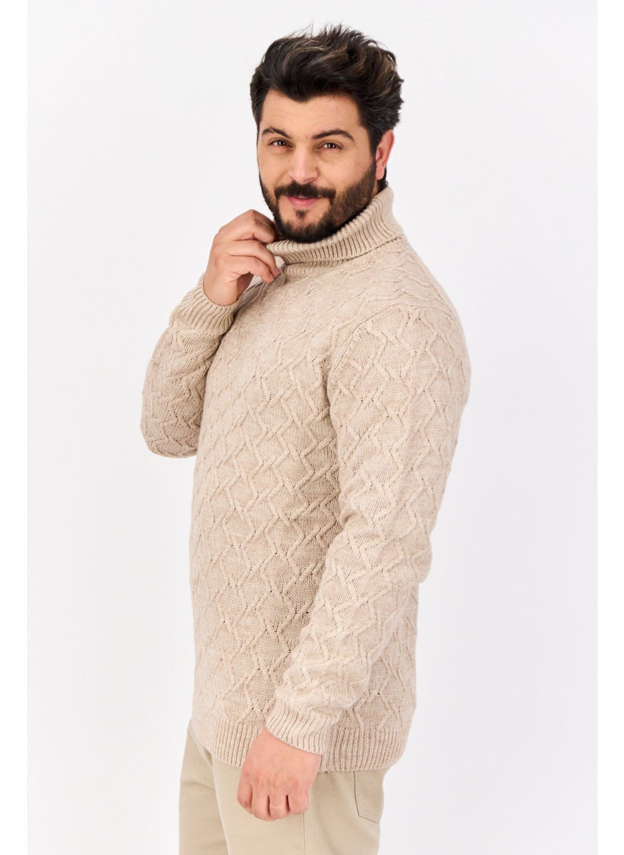 Men Turtle Neck Textured Long Sleeves Sweater, Tan