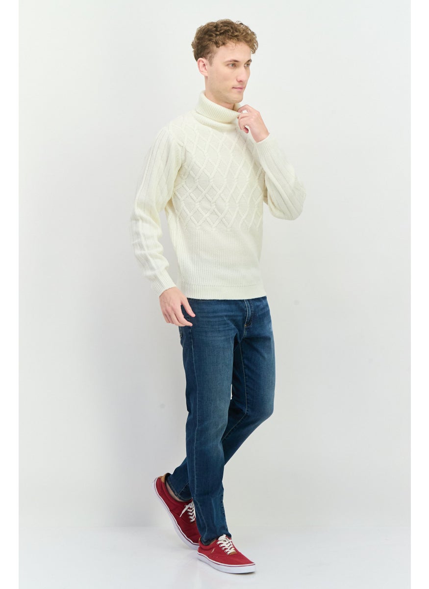 Men Turtle Neck Textured Long Sleeves Sweater, Off White