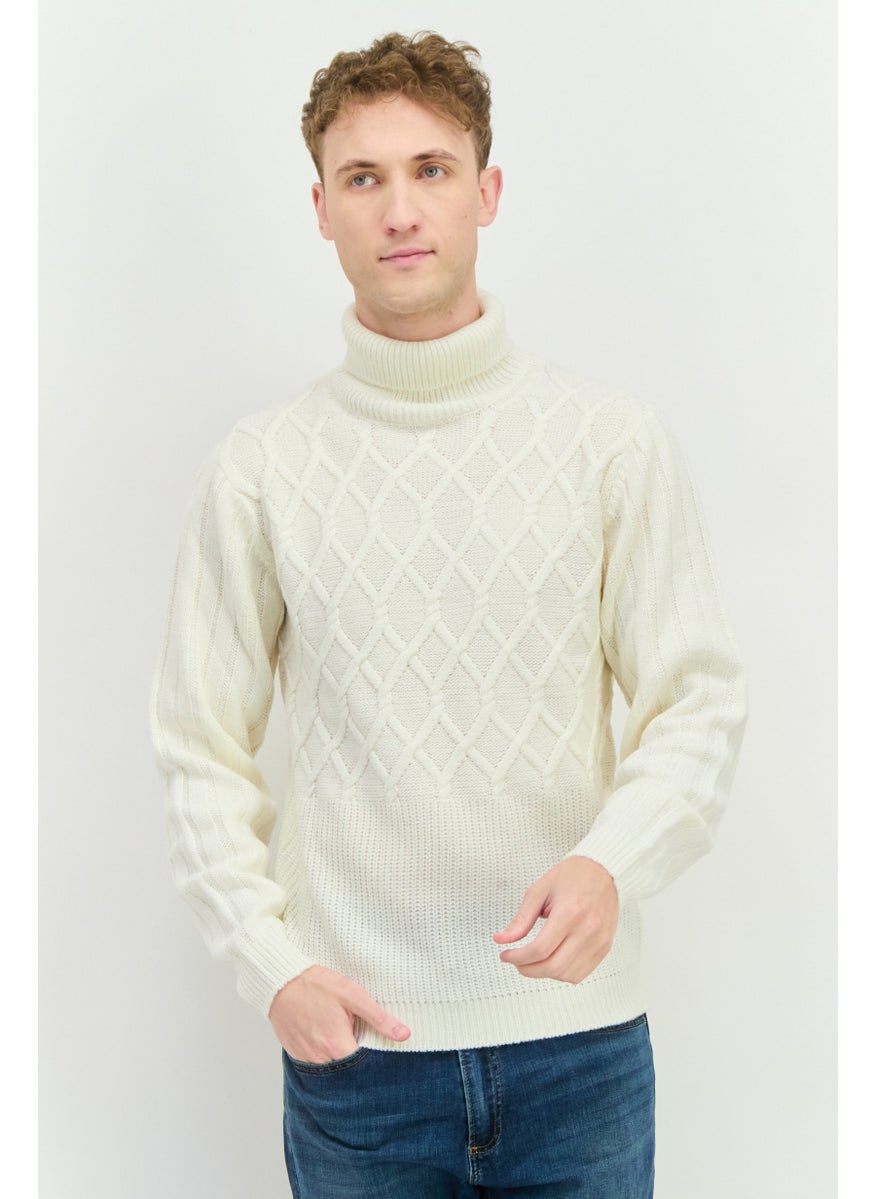 Men Turtle Neck Textured Long Sleeves Sweater, Off White