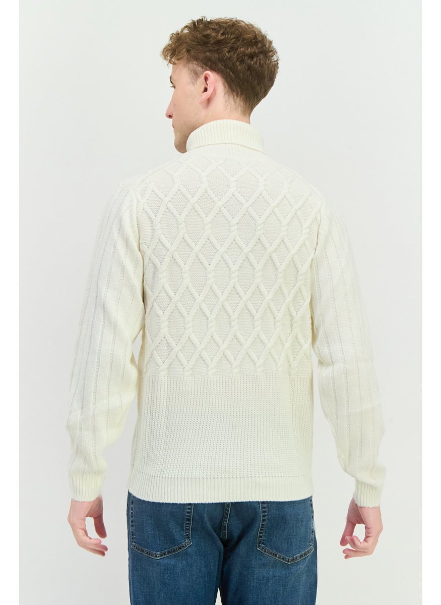 Men Turtle Neck Textured Long Sleeves Sweater, Off White