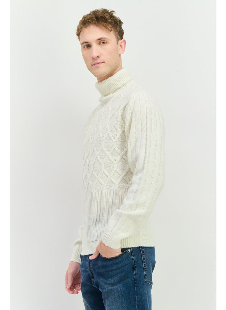 Men Turtle Neck Textured Long Sleeves Sweater, Off White