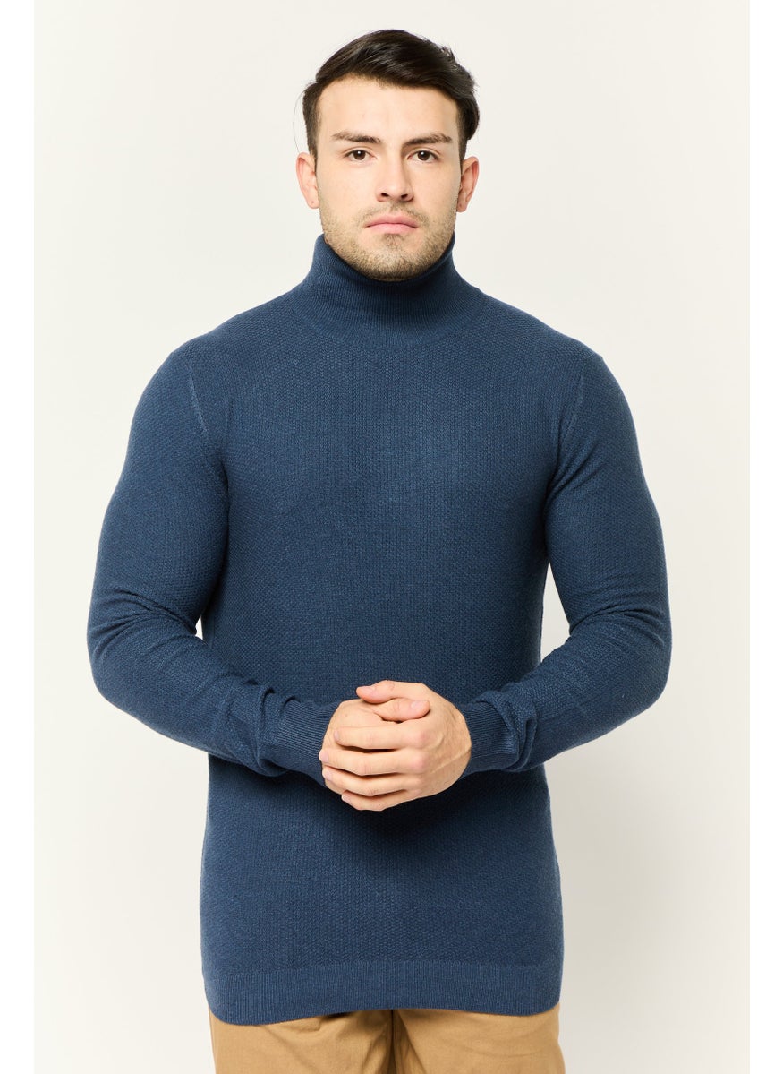 Men Turtle Neck Textured Long Sleeves Sweater, Navy