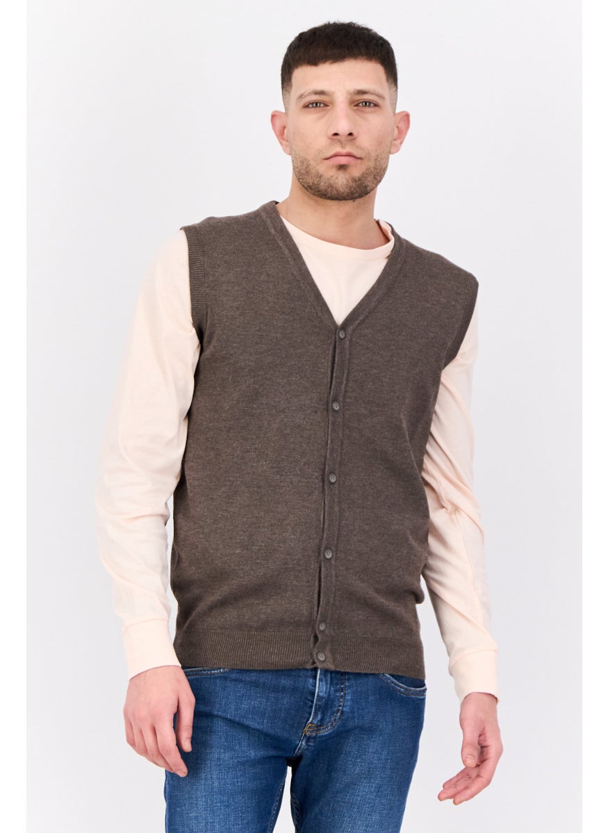 Men V Neck Knitted Vest Sweater, Taupe