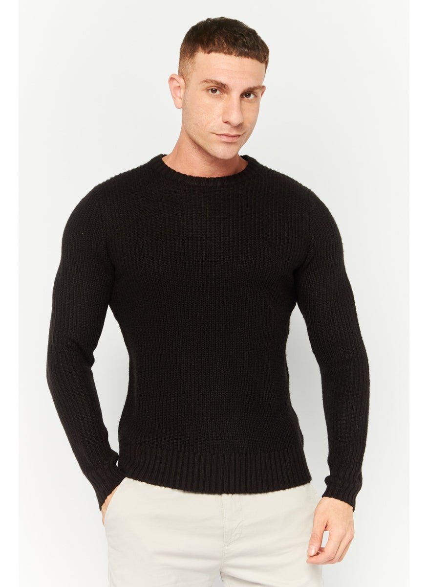 Men Crew Neck Long Sleeve Knitted Sweater, Black