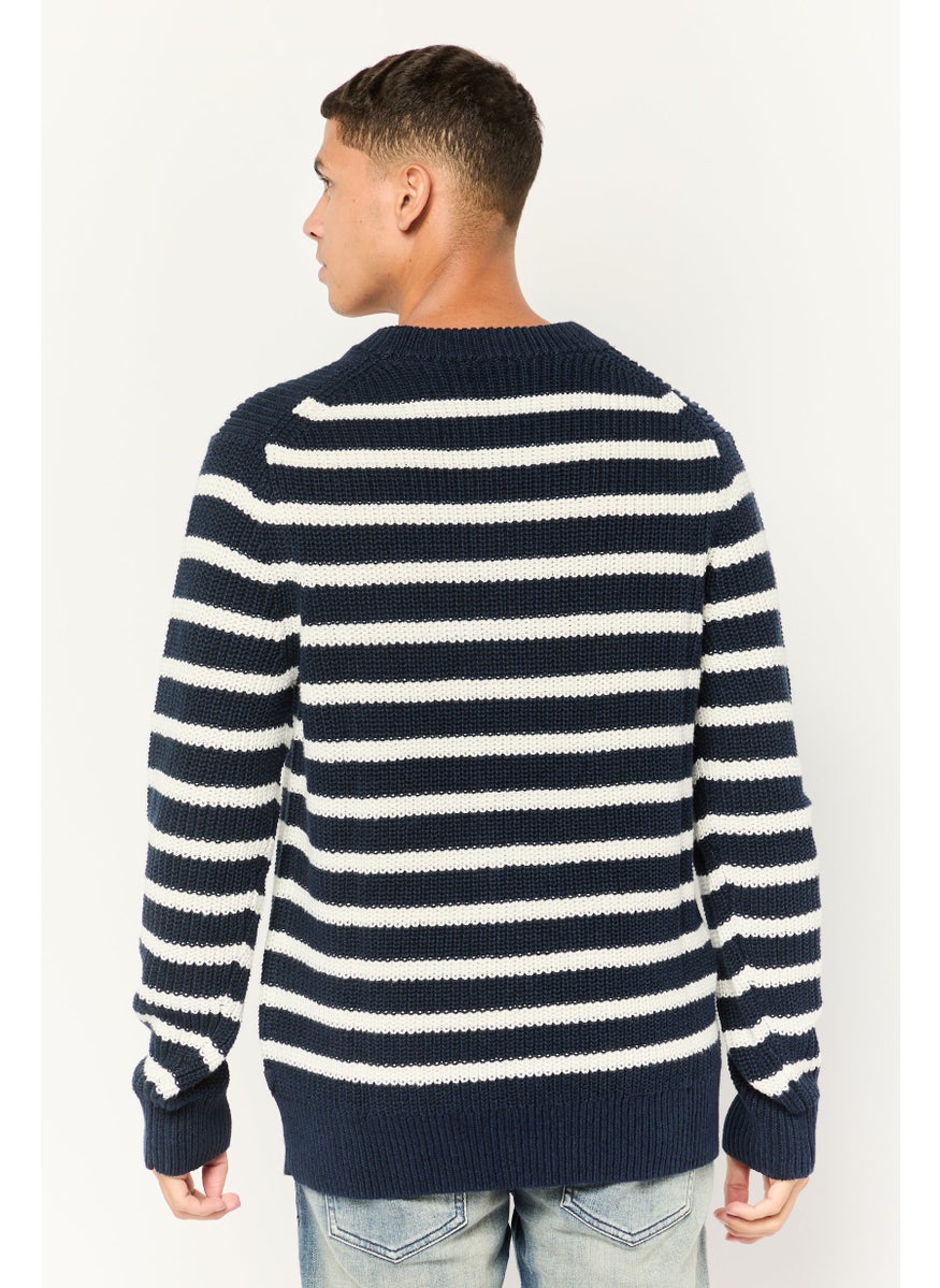 Men Crew Neck Stripe Long Sleeves Sweatshirt, Navy Blue