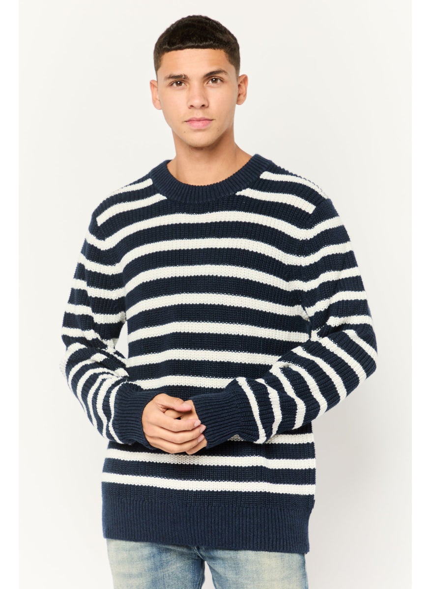 Men Crew Neck Stripe Long Sleeves Sweatshirt, Navy Blue