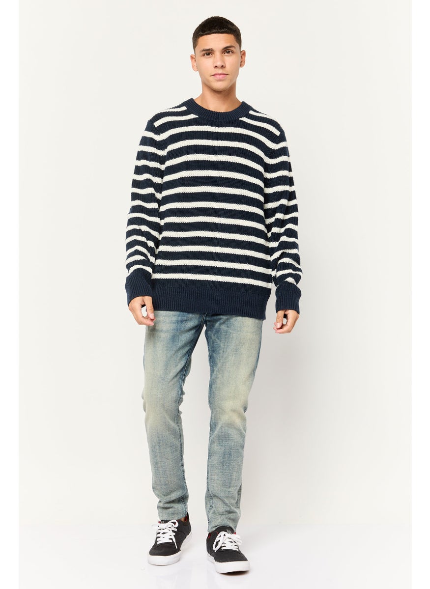 Men Crew Neck Stripe Long Sleeves Sweatshirt, Navy Blue