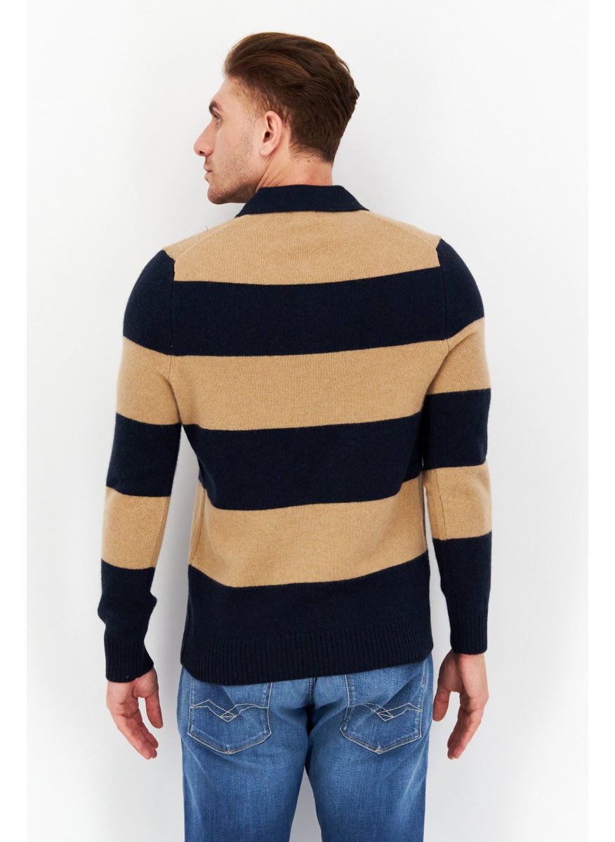 Men Spread Collar Colorblock Sweater, Tan