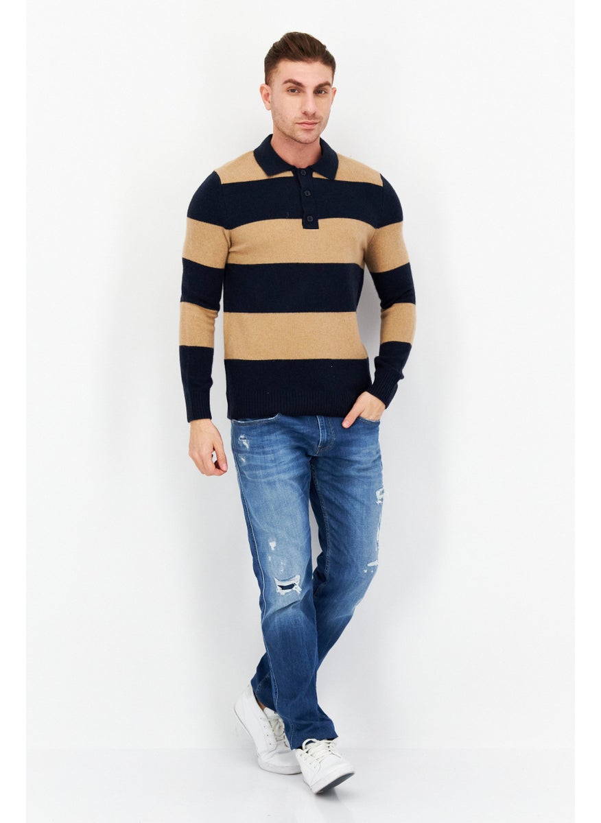Men Spread Collar Colorblock Sweater, Tan