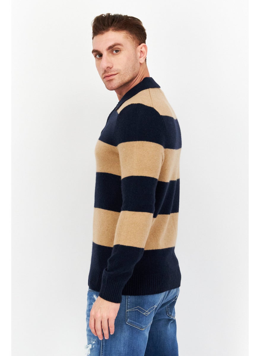 Men Spread Collar Colorblock Sweater, Tan
