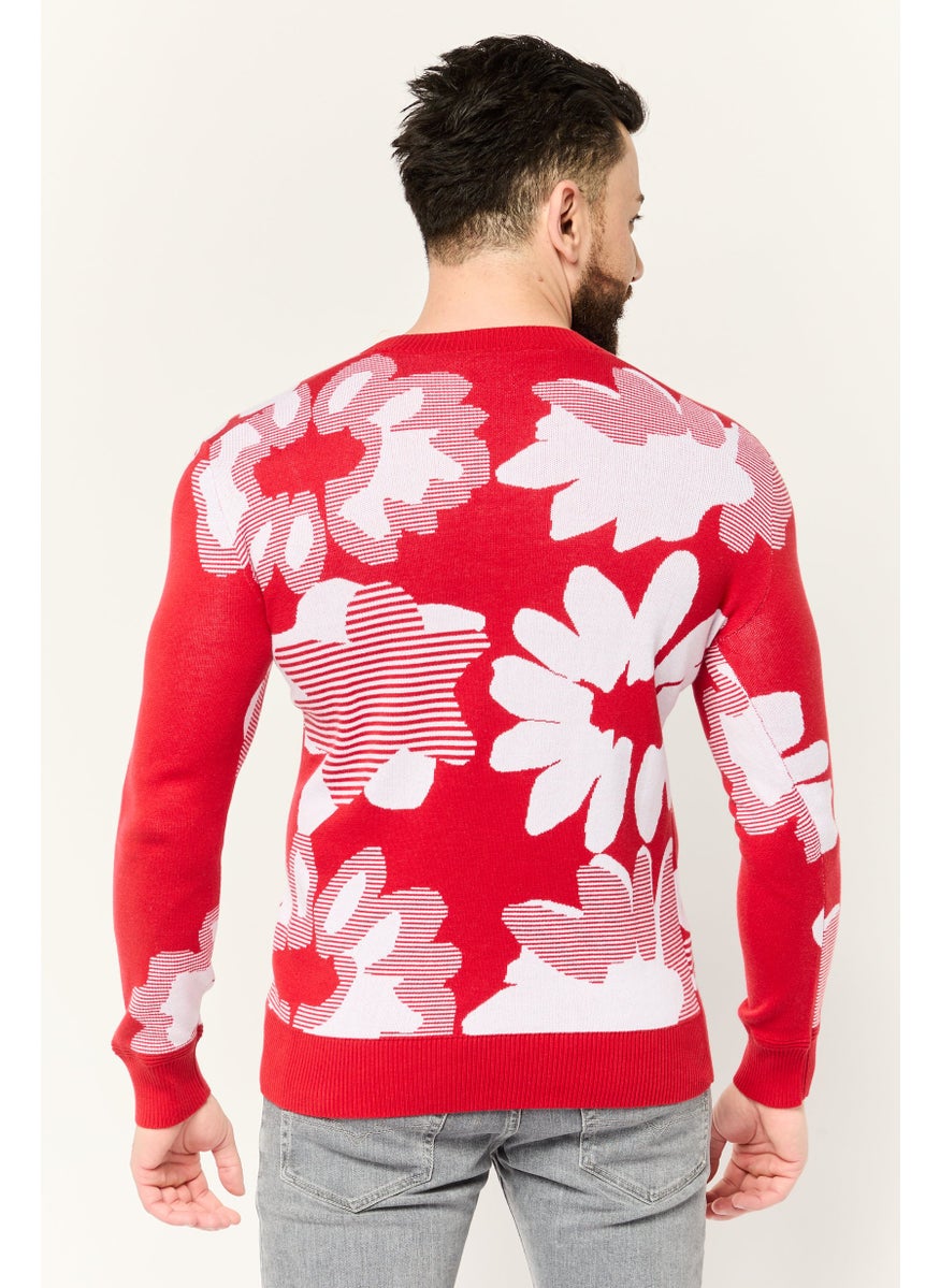 Men Floral Pattern Sweater, Red