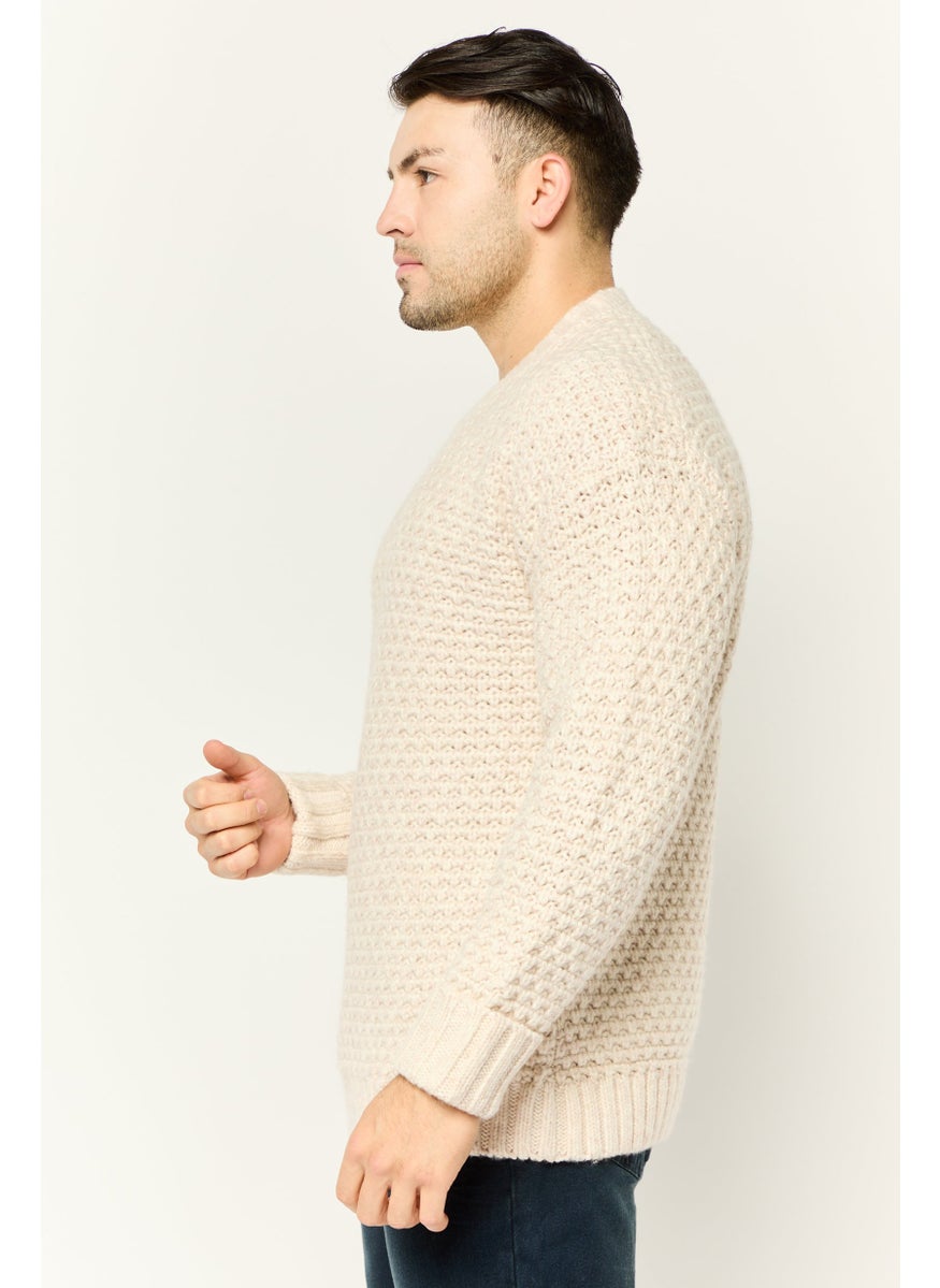 Men Ribbed Neck Knitted Sweater, Ivory