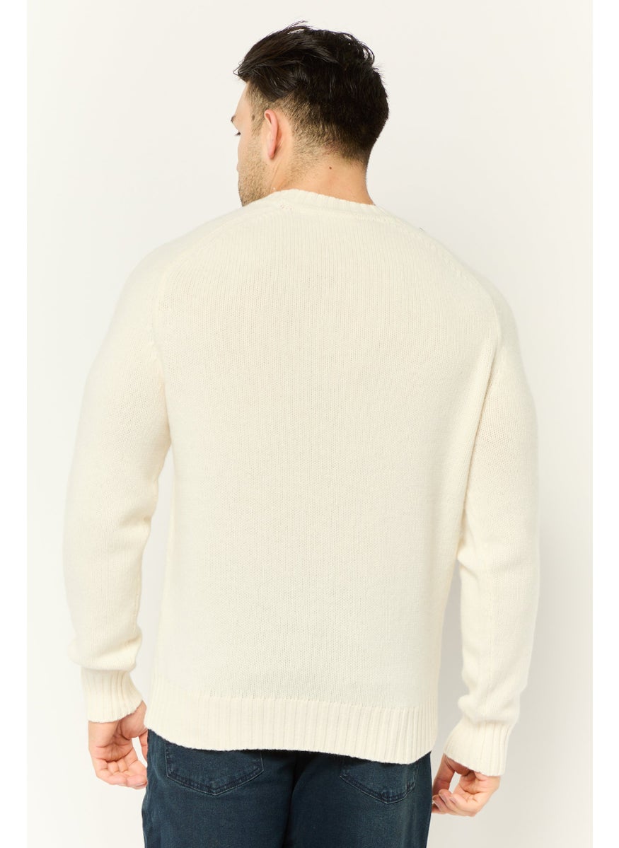 Men Ribbed Collar Embroidered Logo Sweater, Off White