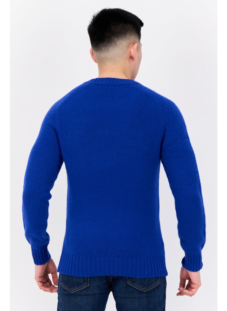 Men Ribbed Neck Embroidered Logo Sweater, Blue