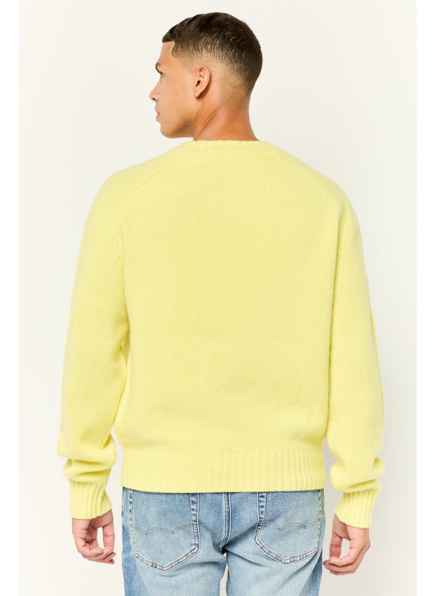 Men Ribbed Collar Embroidered Logo Sweaters, Acid Yellow