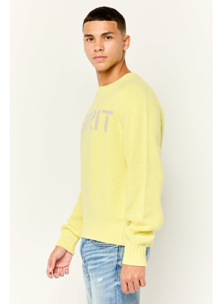 Men Ribbed Collar Embroidered Logo Sweaters, Acid Yellow