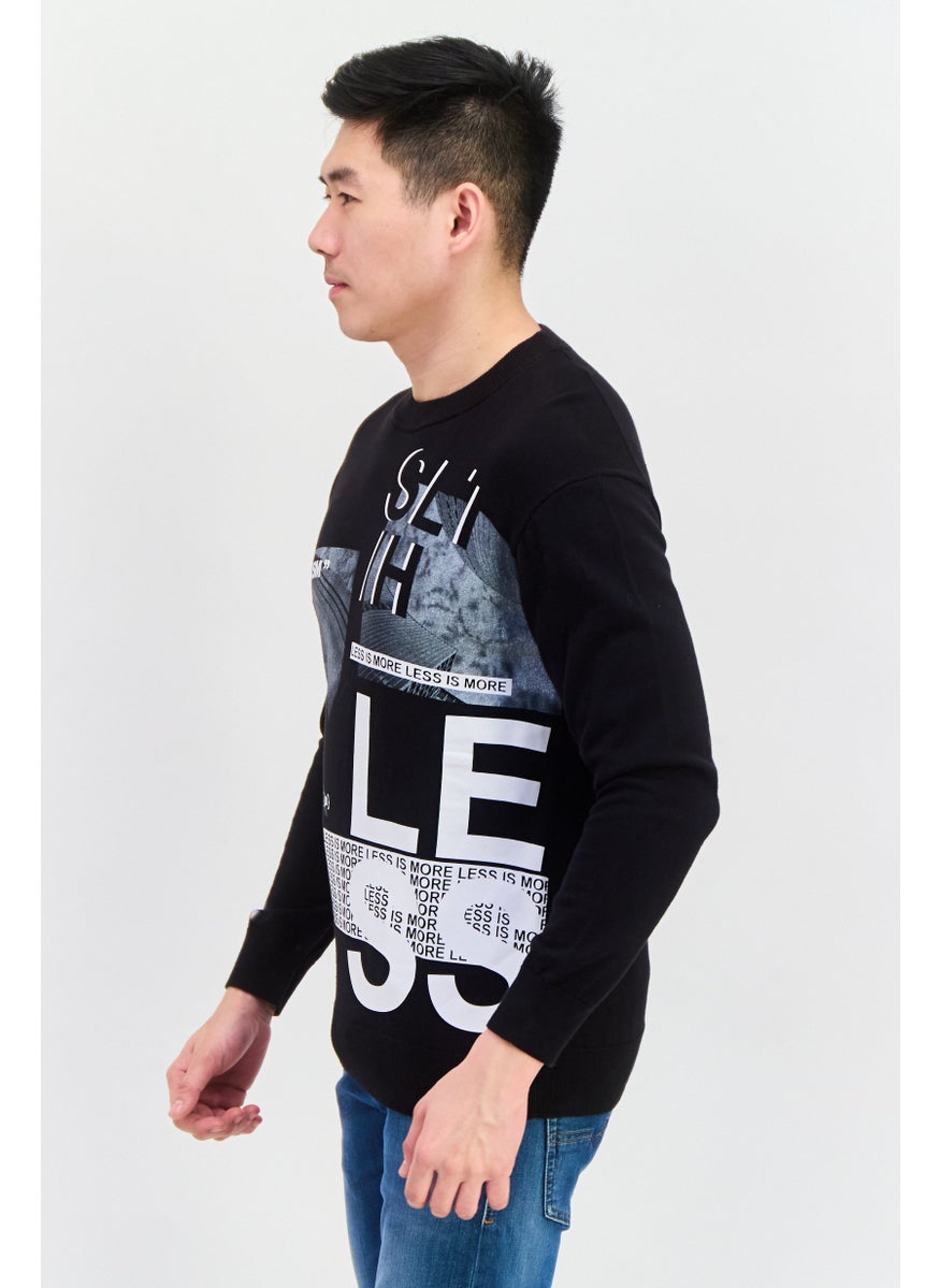 Men Crew Neck Graphic Print Sweater, Black