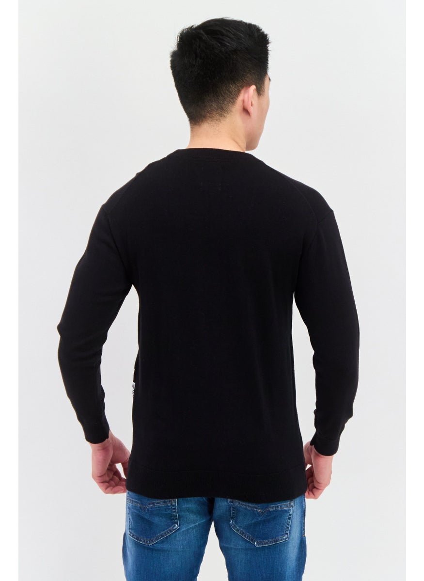 Men Crew Neck Graphic Print Sweater, Black