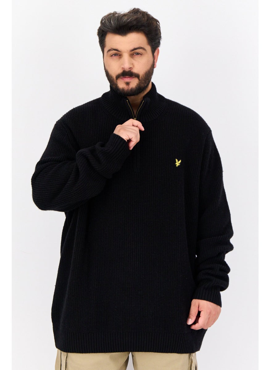 Men Mock Neck Embroidered Logo Sweater, Black