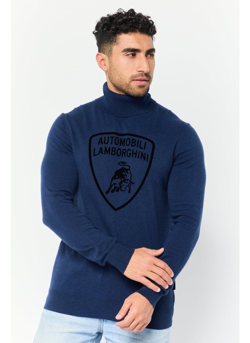 Men Turtle Neck Long Sleeve Embroidered Logo Sweater, Navy Blue