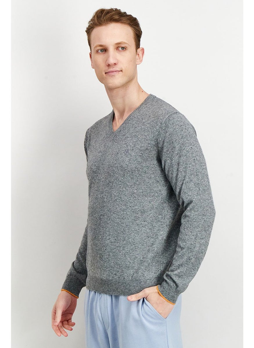 Men V-Neck Knitted Sweater, Grey