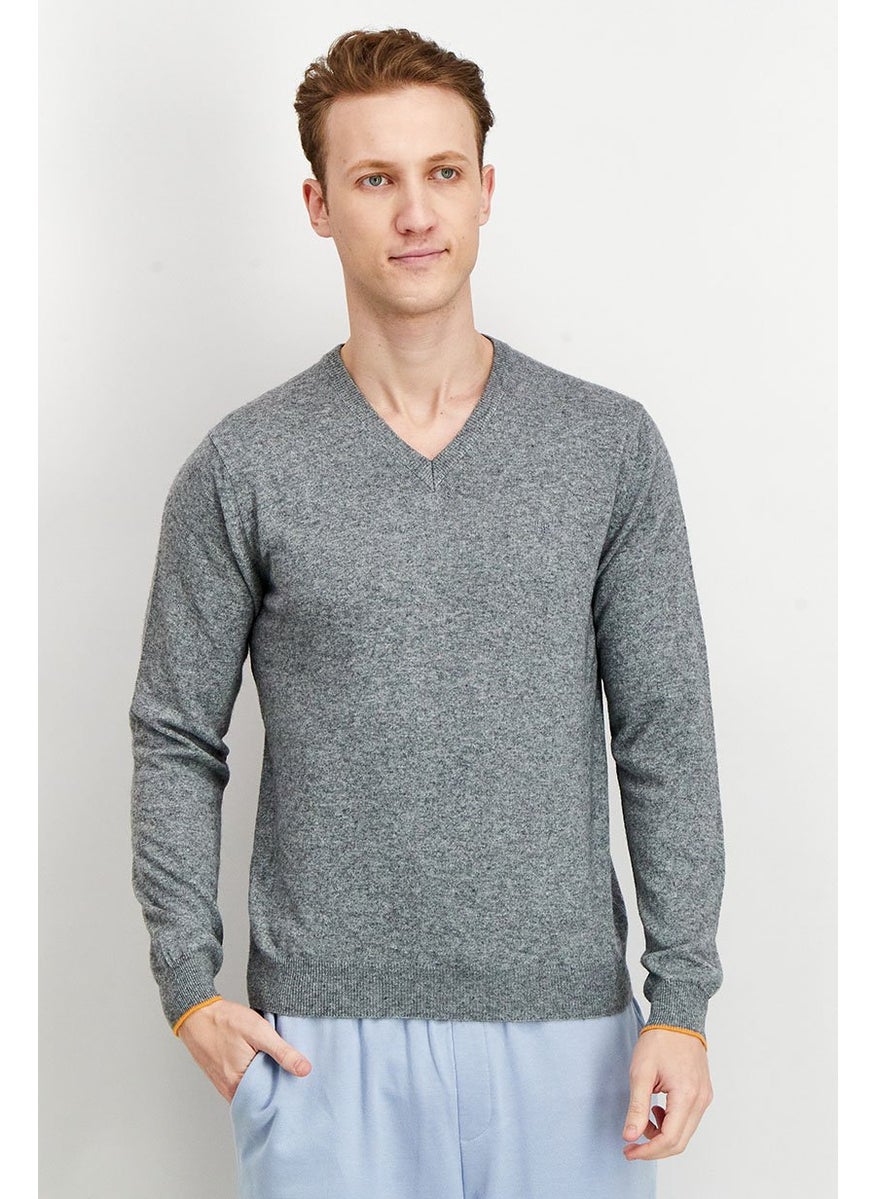 Men V-Neck Knitted Sweater, Grey