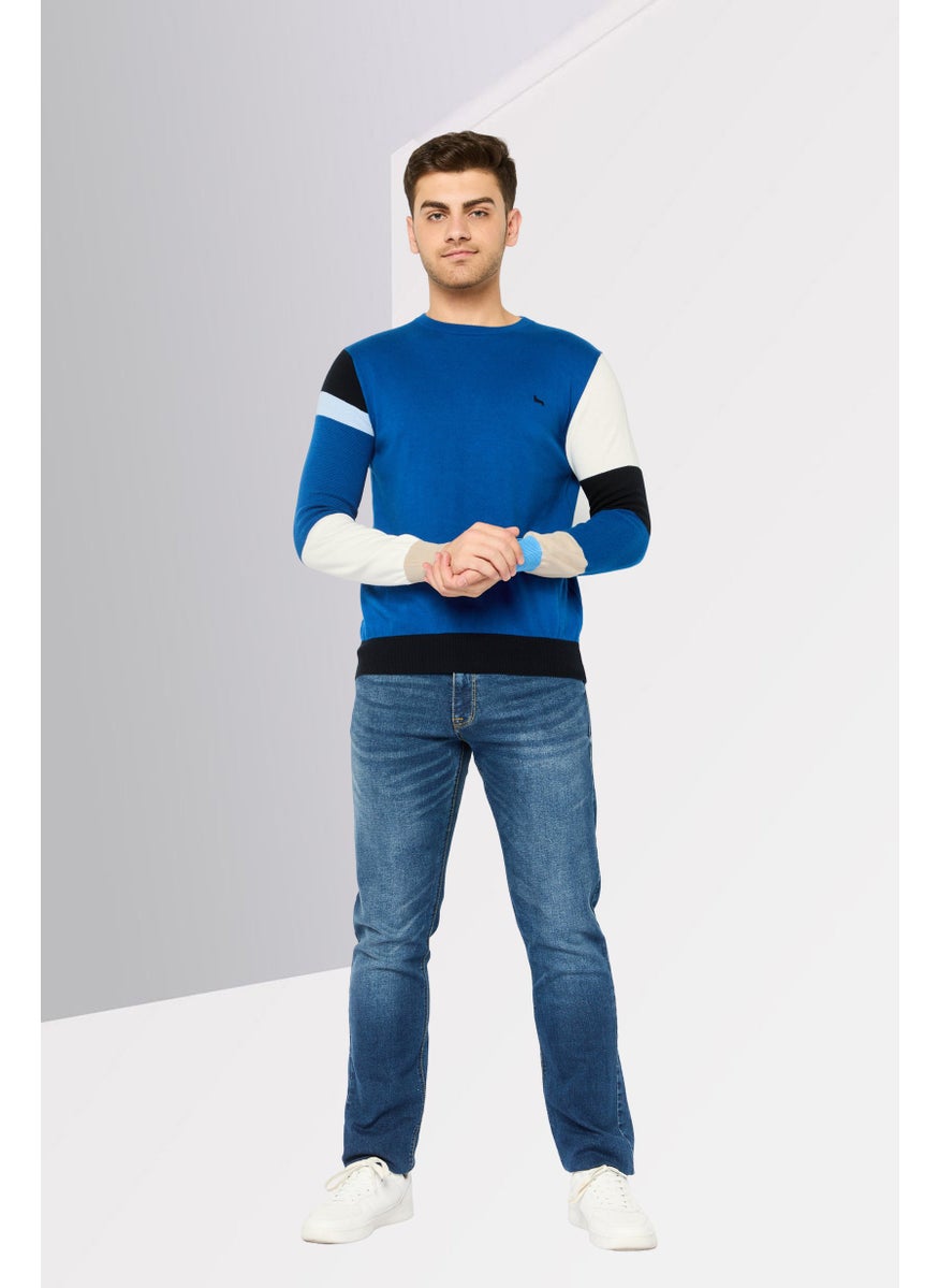 Men Ribbed Neck Embroidered Sweater, Blue Combo