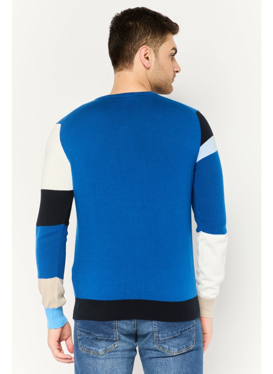 Men Ribbed Neck Embroidered Sweater, Blue Combo