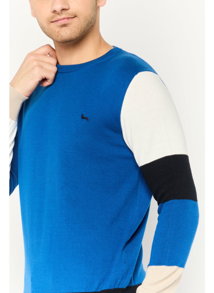Men Ribbed Neck Embroidered Sweater, Blue Combo