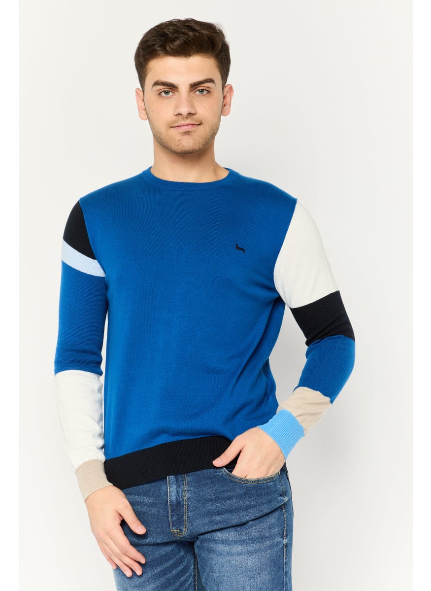 Men Ribbed Neck Embroidered Sweater, Blue Combo