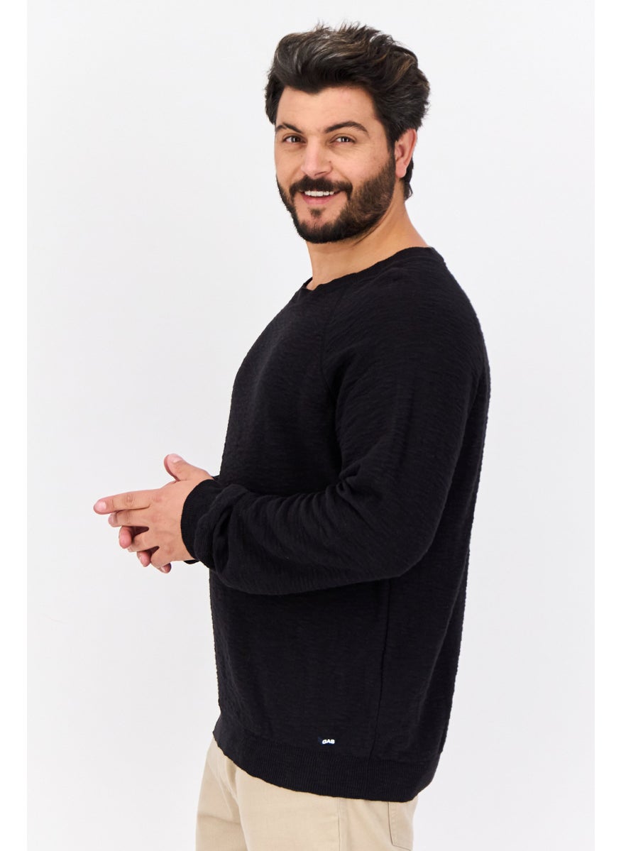 Men Crew Neck Textured Long Sleeves Sweater, Black