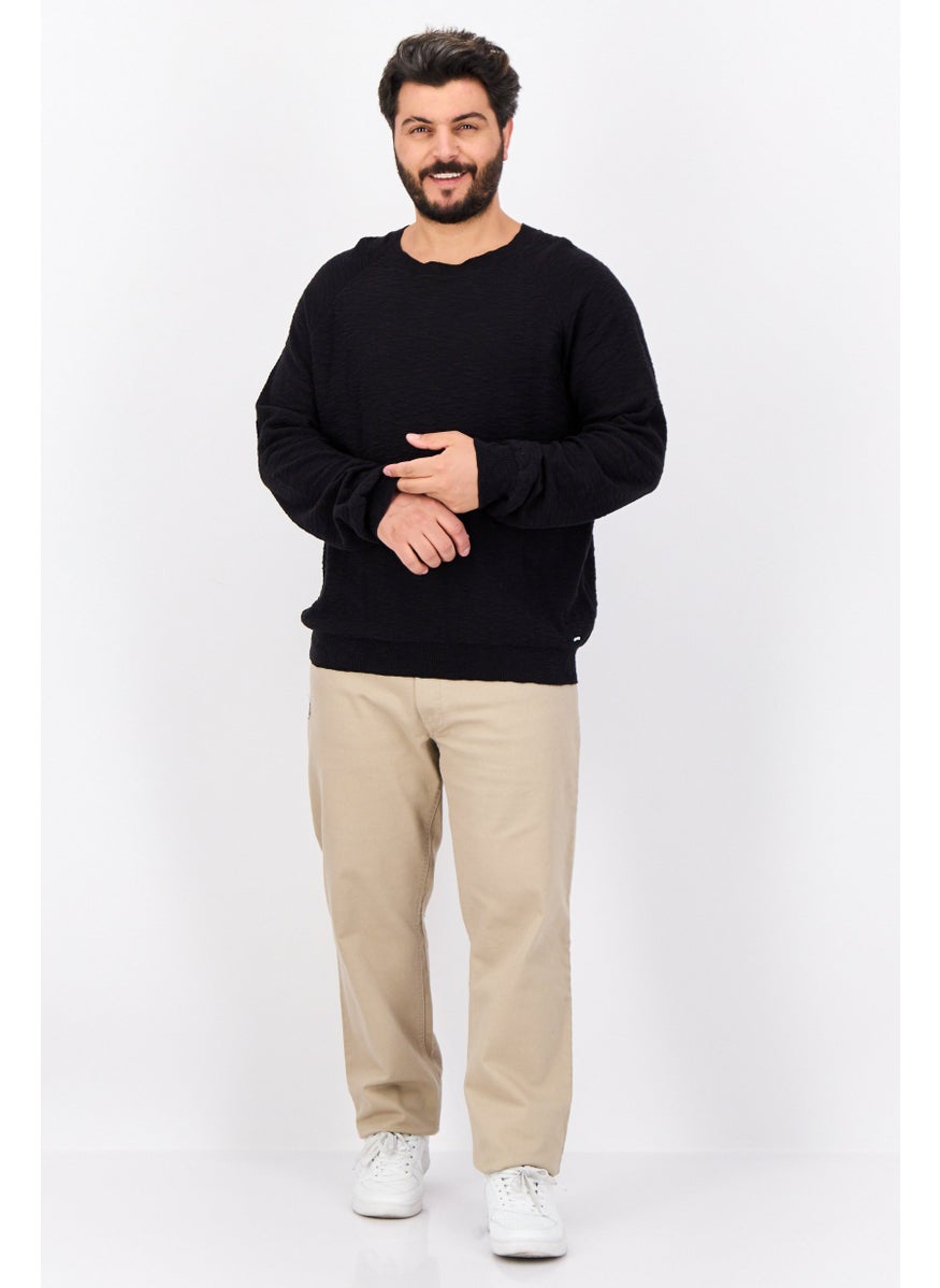 Men Crew Neck Textured Long Sleeves Sweater, Black