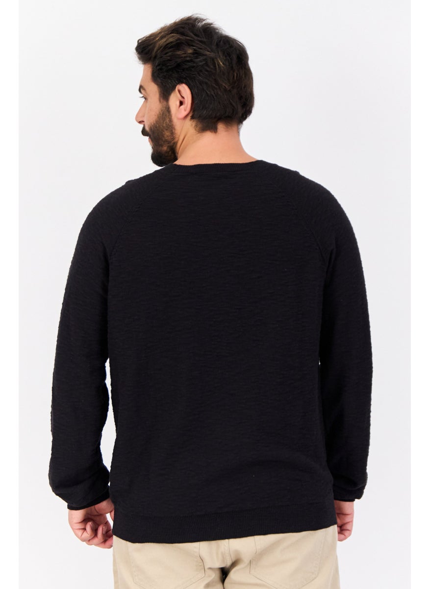Men Crew Neck Textured Long Sleeves Sweater, Black