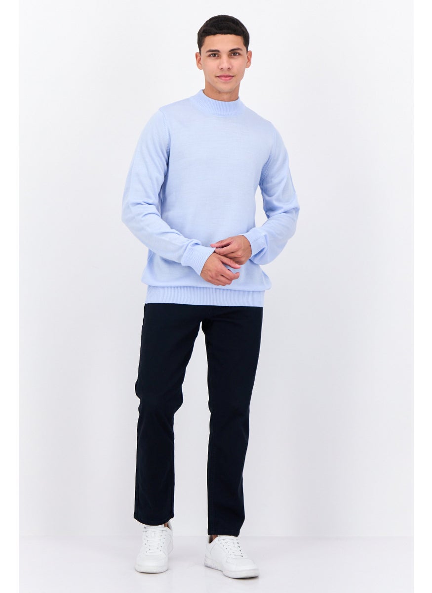 Men Crew Neck Long Sleeves Knitted Sweater, Sky Blue