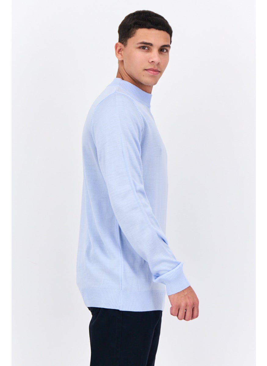 Men Crew Neck Long Sleeves Knitted Sweater, Sky Blue
