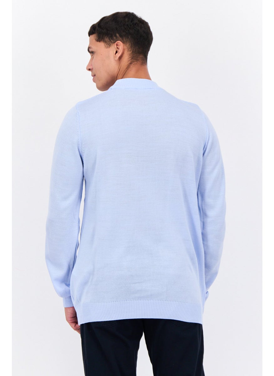 Men Crew Neck Long Sleeves Knitted Sweater, Sky Blue