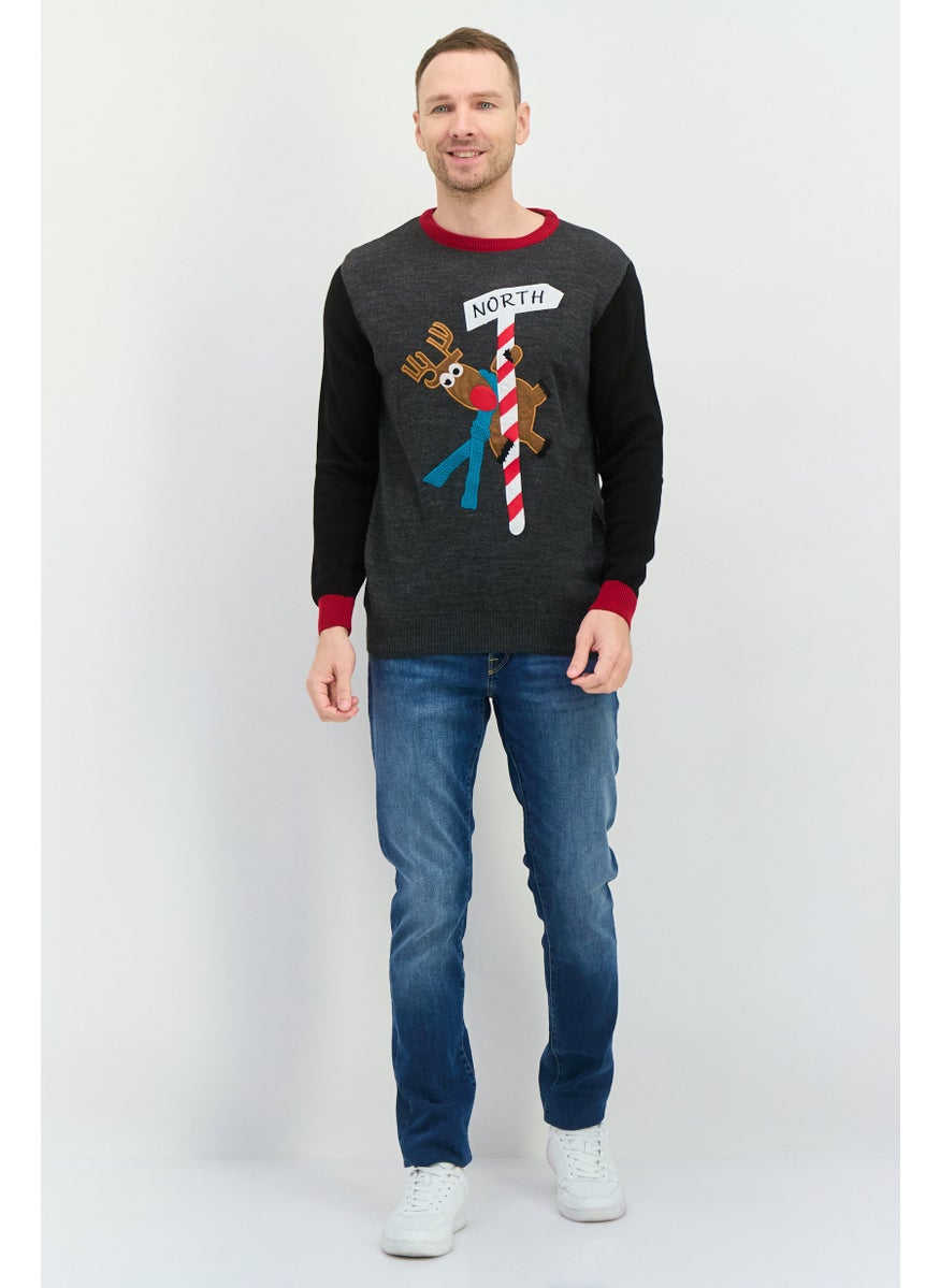 Men Crew Neck Embroidered Long Sleeve Sweater, Grey