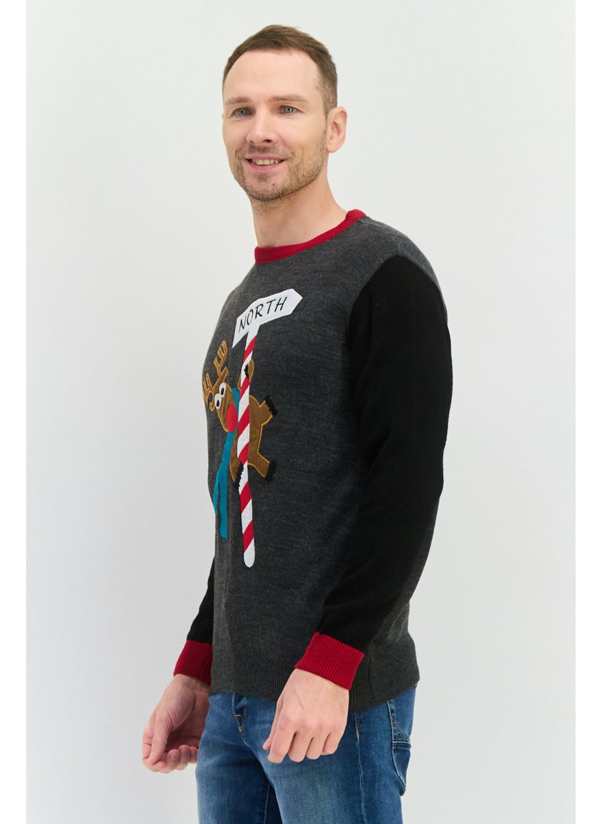 Men Crew Neck Embroidered Long Sleeve Sweater, Grey