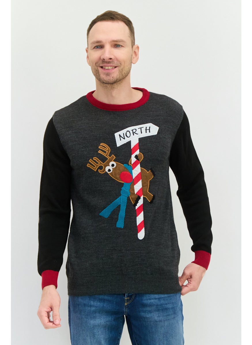 Men Crew Neck Embroidered Long Sleeve Sweater, Grey