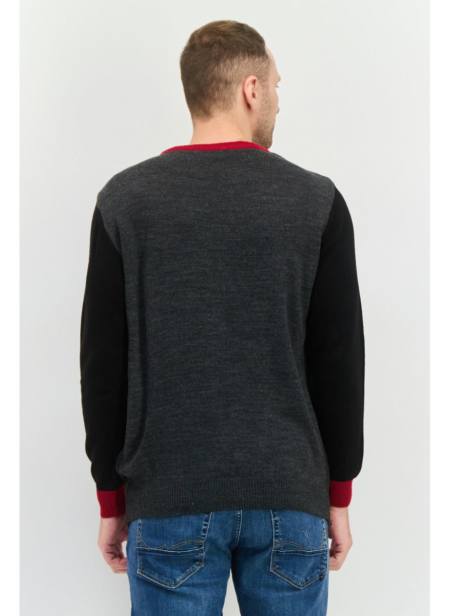 Men Crew Neck Embroidered Long Sleeve Sweater, Grey