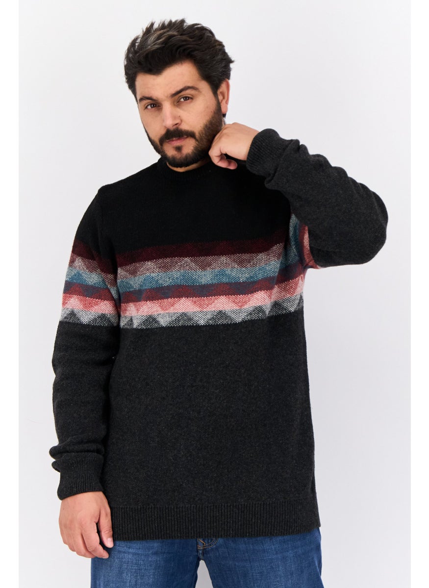 Men Crew Neck Long Sleeves Knitted Sweater, Dark Grey