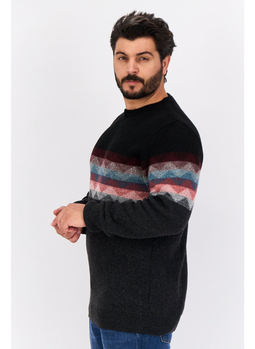 Men Crew Neck Long Sleeves Knitted Sweater, Dark Grey